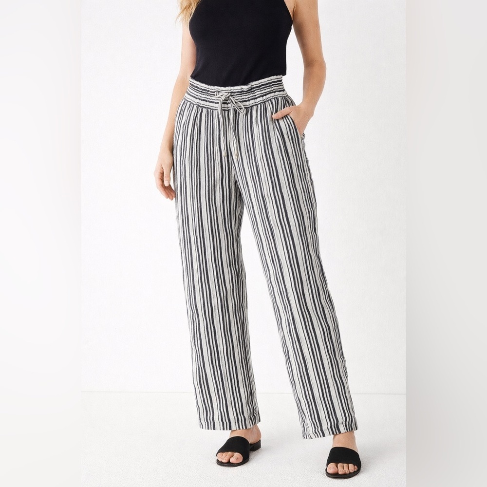 INC International Concepts 100% Linen Black White Striped Drawstring Pants Sz 12